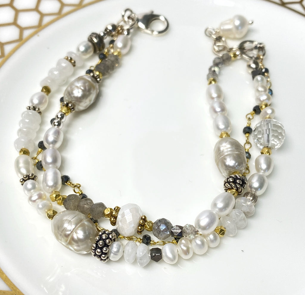 Pearl Triple Strand Dainty Bracelet Mixed Metal