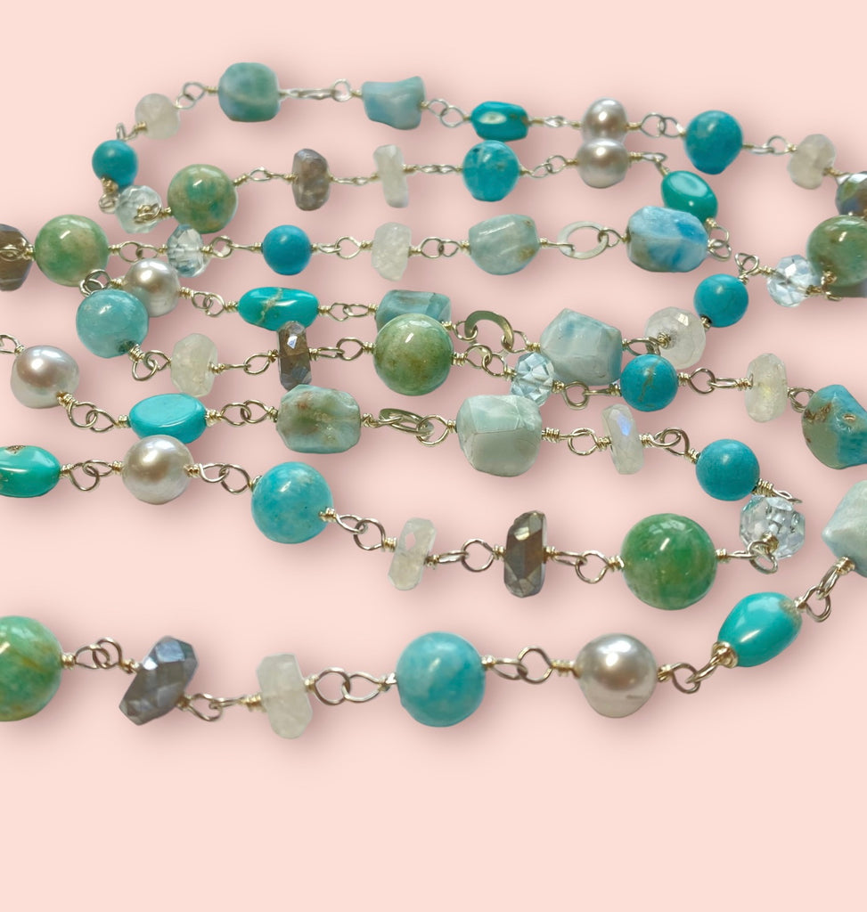 Larimar, Turquoise, Moonstone, Gemstone and Pearl Sterling Silver Necklace - Doolittle