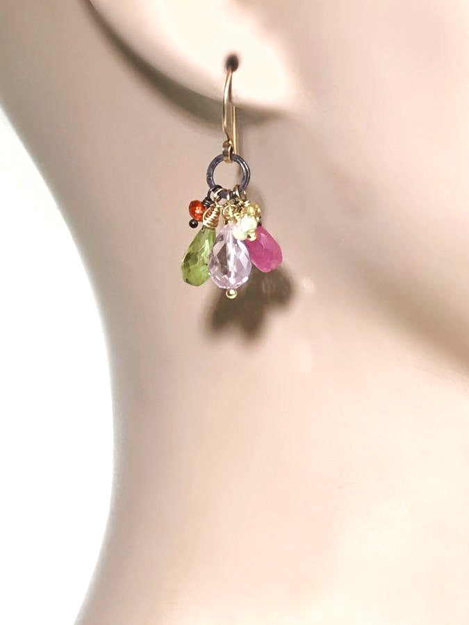 Multi-color Gemstone Dangle Earrings Mixed Metal Peridot Pink Sapphire Amethyst