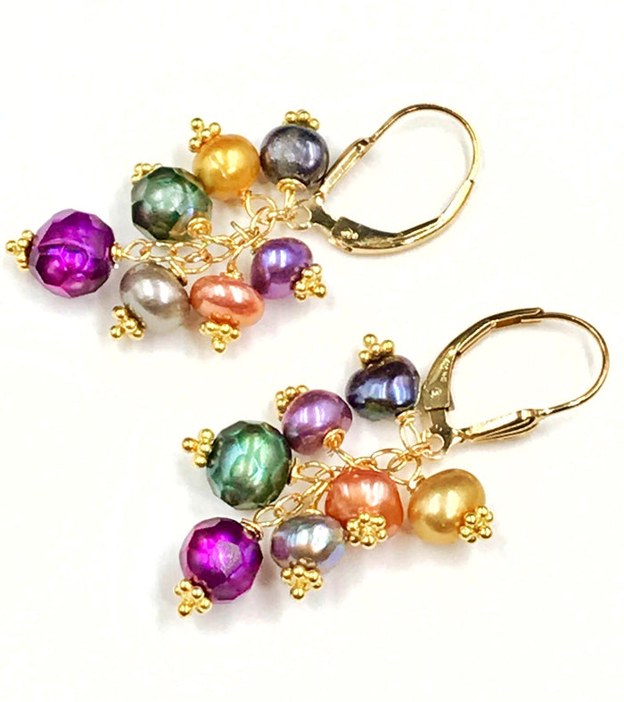 Multi-color Pearl Dangle Earrings Gold