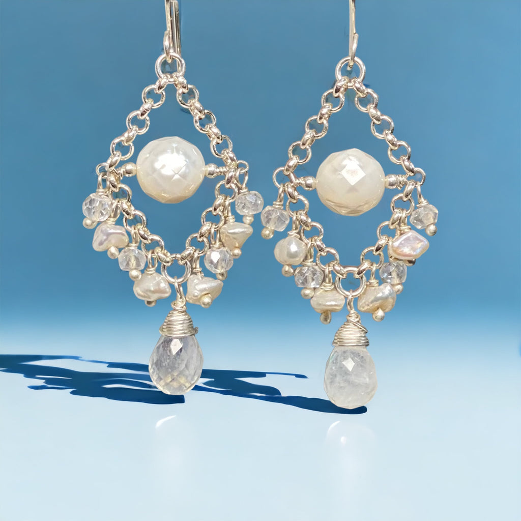 Rainbow Moonstone Chandelier Earrings Sterling Silver