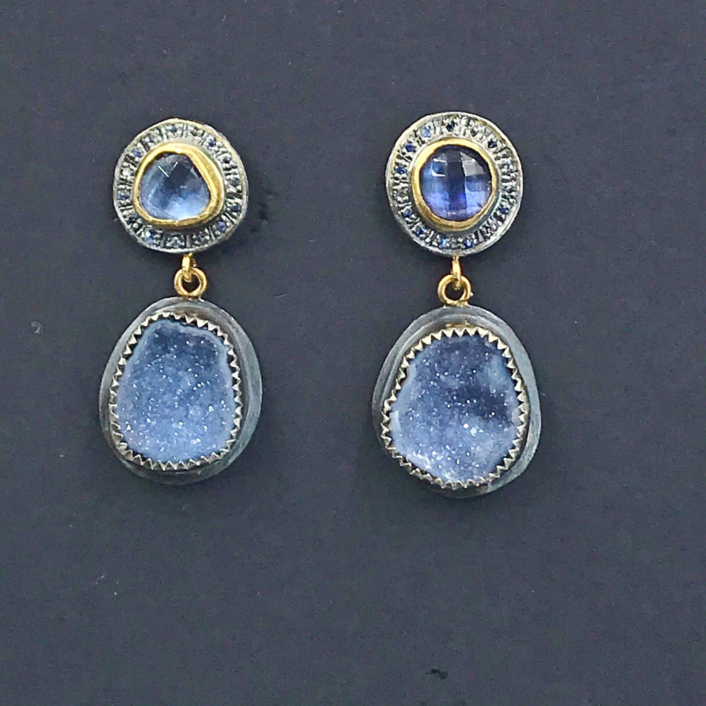 Tanzanite and Blue Geode Earrings with Pave Blue Sapphire Mixed Metal