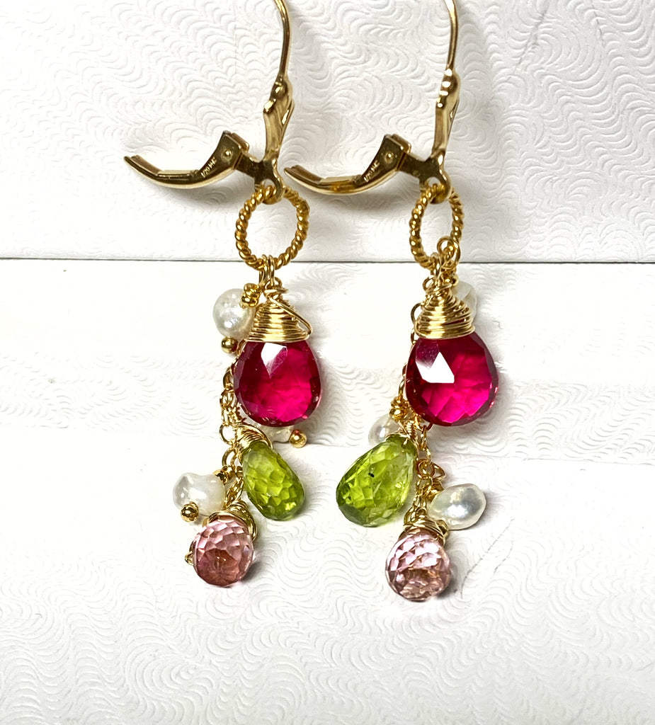 Red Topaz, Peridot, Pink Topaz Dangle Earrings Gold Fill