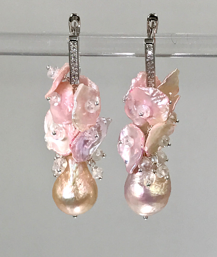 Blush Keishi Pearl Cluster Wedding Earrings Sterling Silver - doolittlejewelry