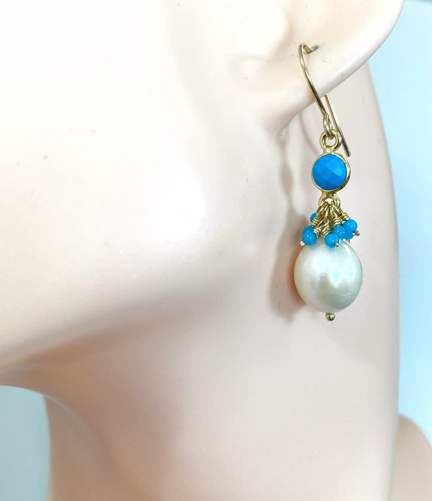 Pearl, Turquoise Gemstone Cluster and Dangle Earrings