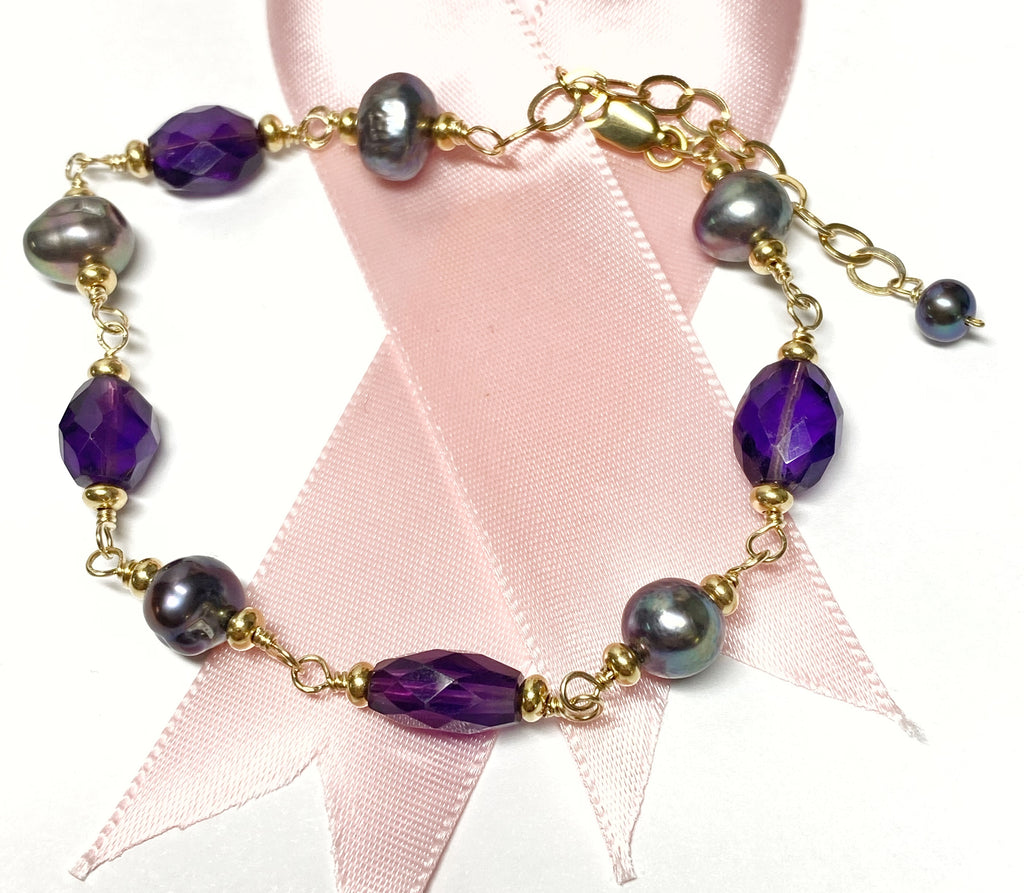 Amethyst and Peacock Pearl Bracelet, Gold Fill, Rosary Style, Wire Wrap