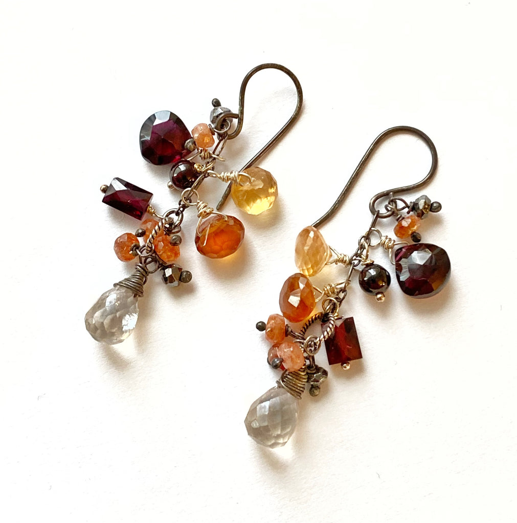Multicolor Garnet Dangle Earrings Oxidized Silver