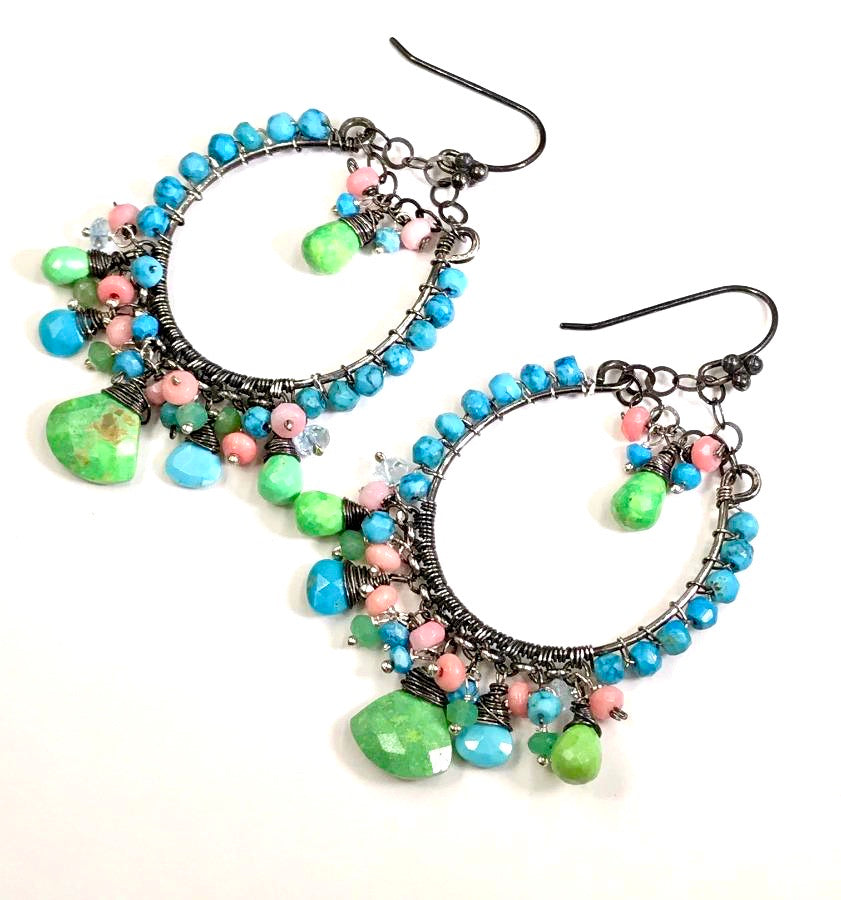 Turquoise Green, Coral  and Oxidized Silver Earrings - doolittlejewelry