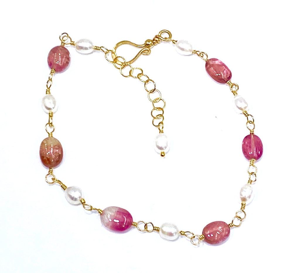 Pink Tourmaline and Pearl Gold Fill Wire Wrapped Bracelet Adjustable