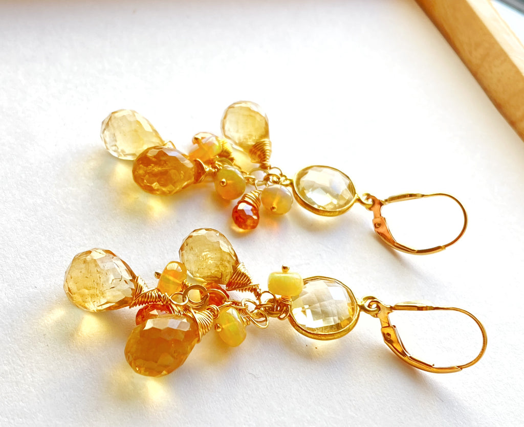 Citrine Dangle Earrings Ethiopian Opals Mandarin Garnet