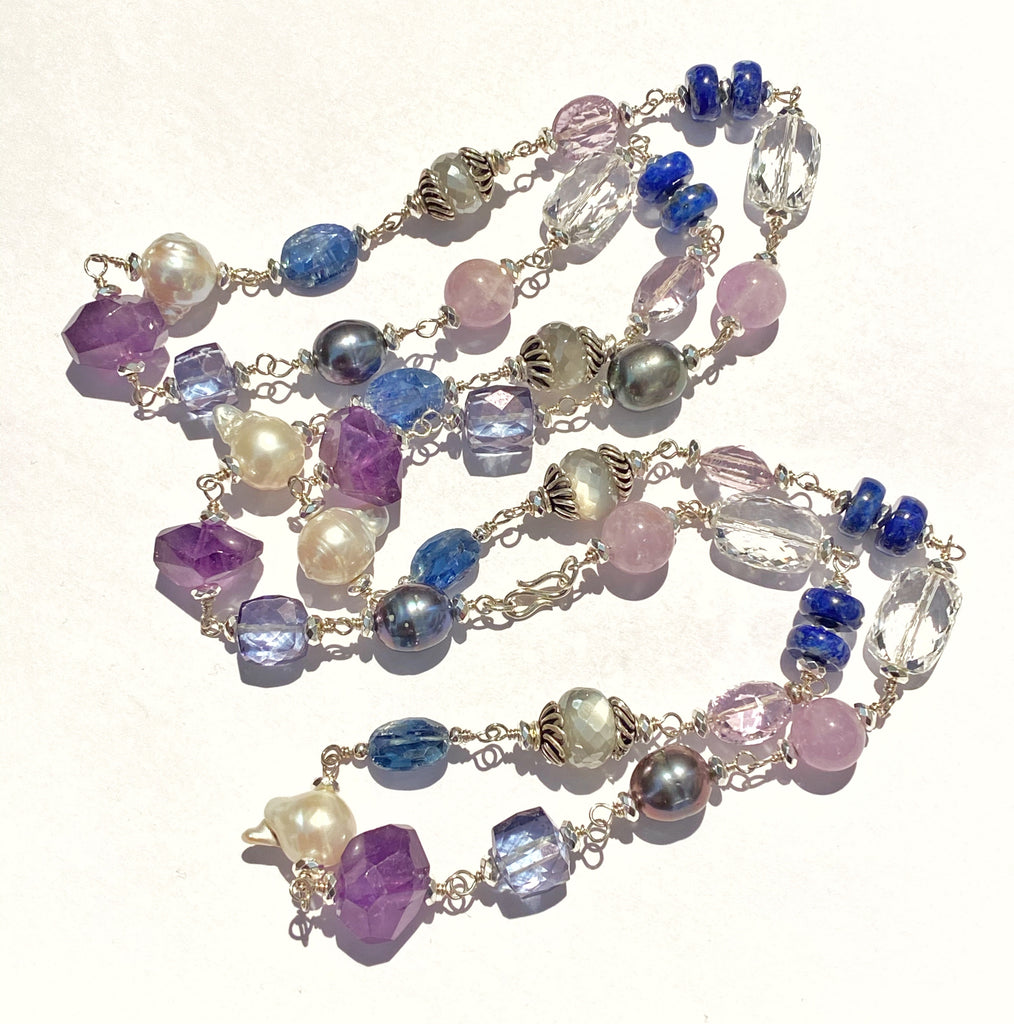 Long Blue Violet Necklace Amethyst Kyanite Pearl Crystal Quartz Sterling Silver