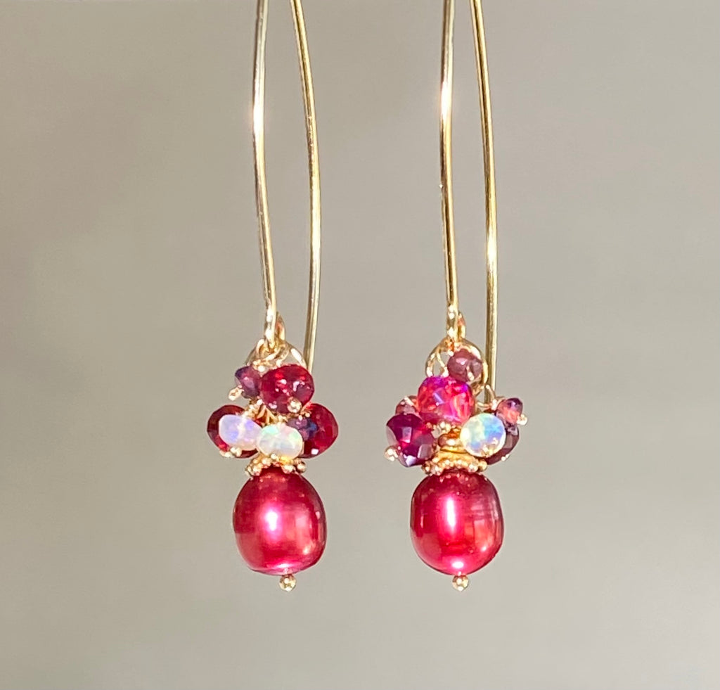 red pearl, red opal, garnet cluster earrings