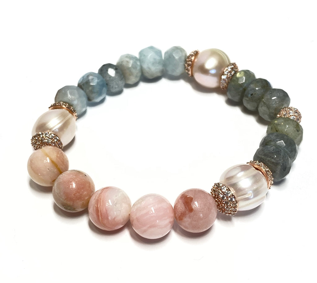 Aquamarine, Labradorite, Pink Opal, Blush Pearl, Rose Gold Pave CZ Bracelet 3