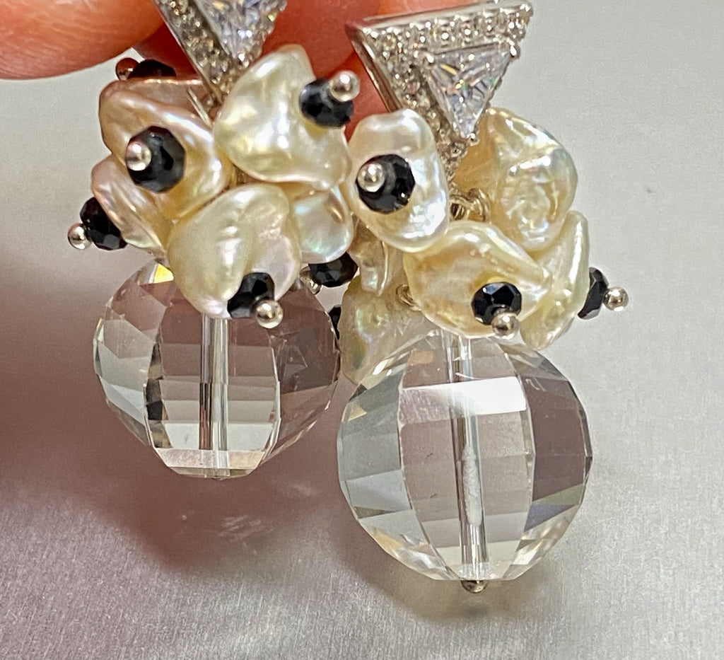 Crystal Quartz, Black Spinel, Keishi Pearl Cluster Earrings Sterling Silver - doolittlejewelry