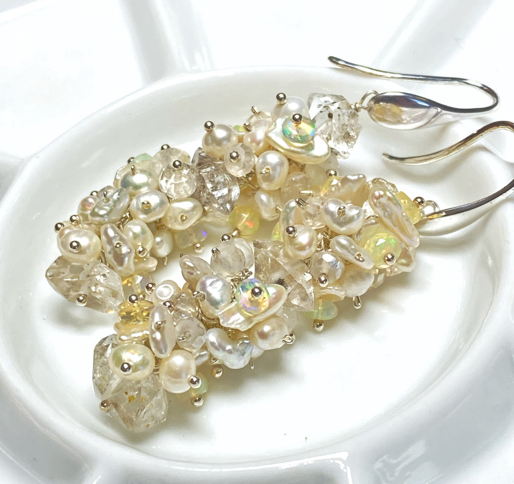 Herkimer Diamond Welo Ethiopian Opal Cluster Earrings Sterling Silver