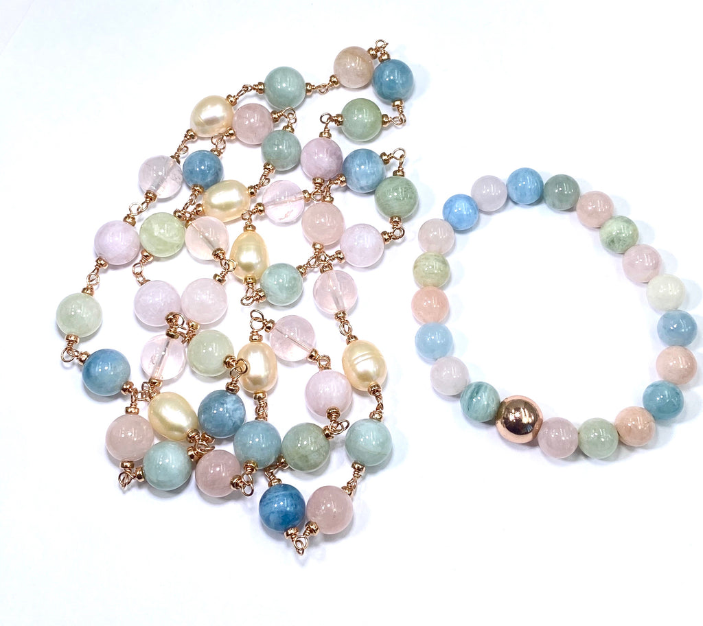 Long Rose Gold Necklace with Aquamarine, Morganite, Rose Quartz, Pearl Sautoir - doolittlejewelry