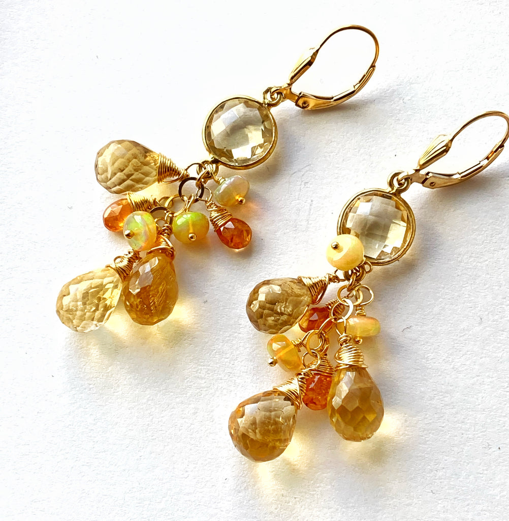 Citrine Dangle Earrings Ethiopian Opals Mandarin Garnet