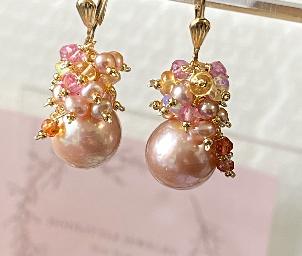 romantic statement pink pearl wedding earrings