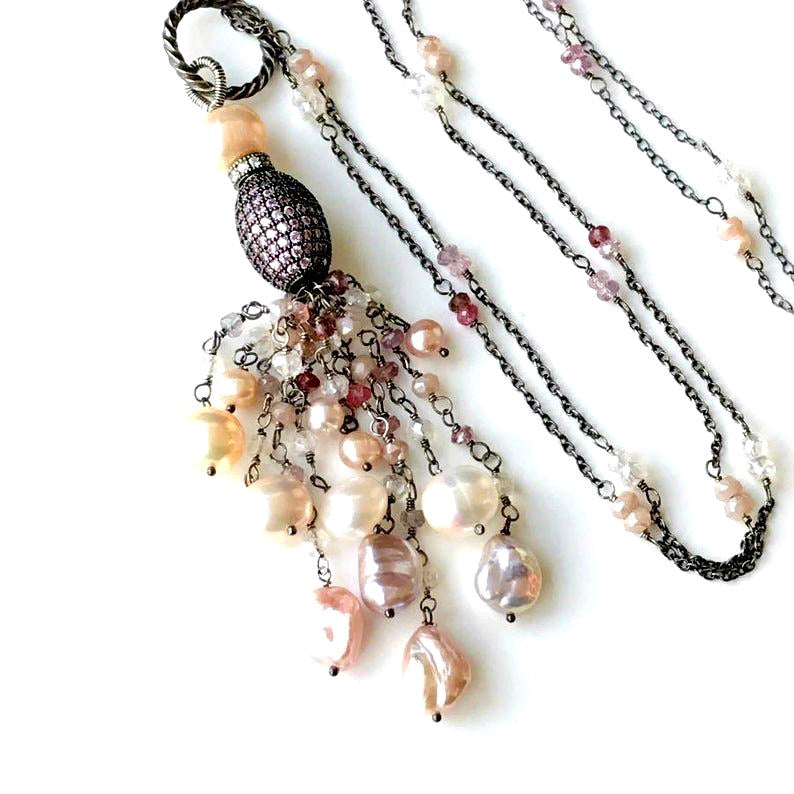 Blush Keishi Pearl Pink Spinel Oxidized Silver Long Tassel Necklace Pave CZ