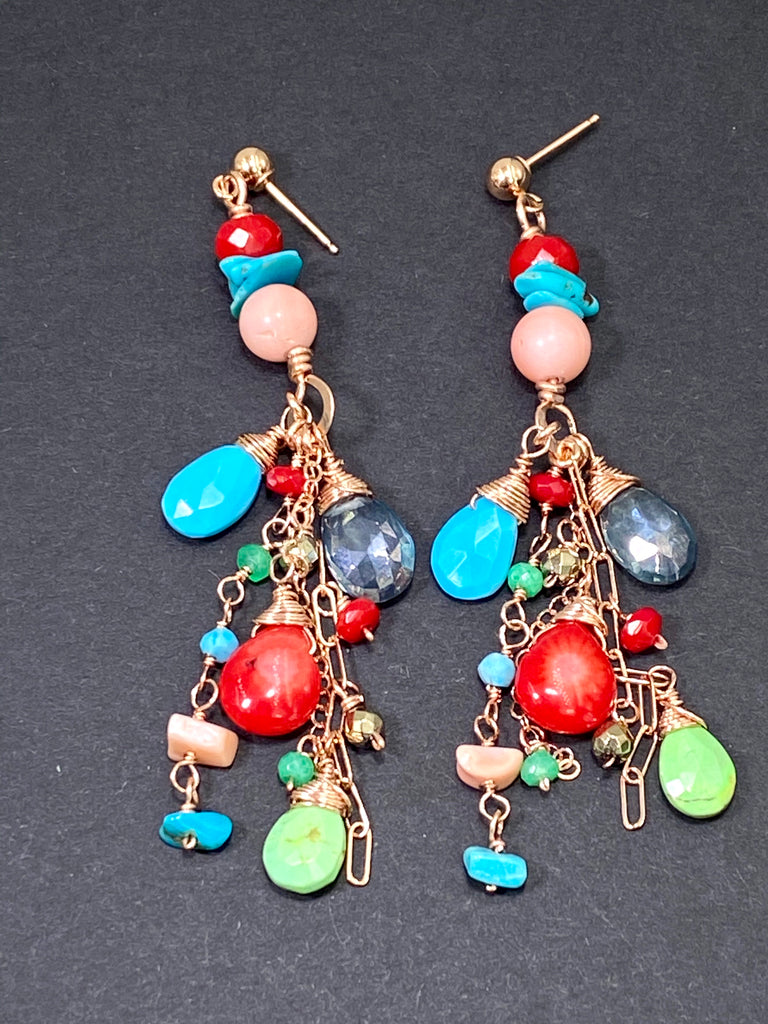 Turquoise Red Coral Rose Gold Long Boho Dangle Earrings - doolittlejewelry