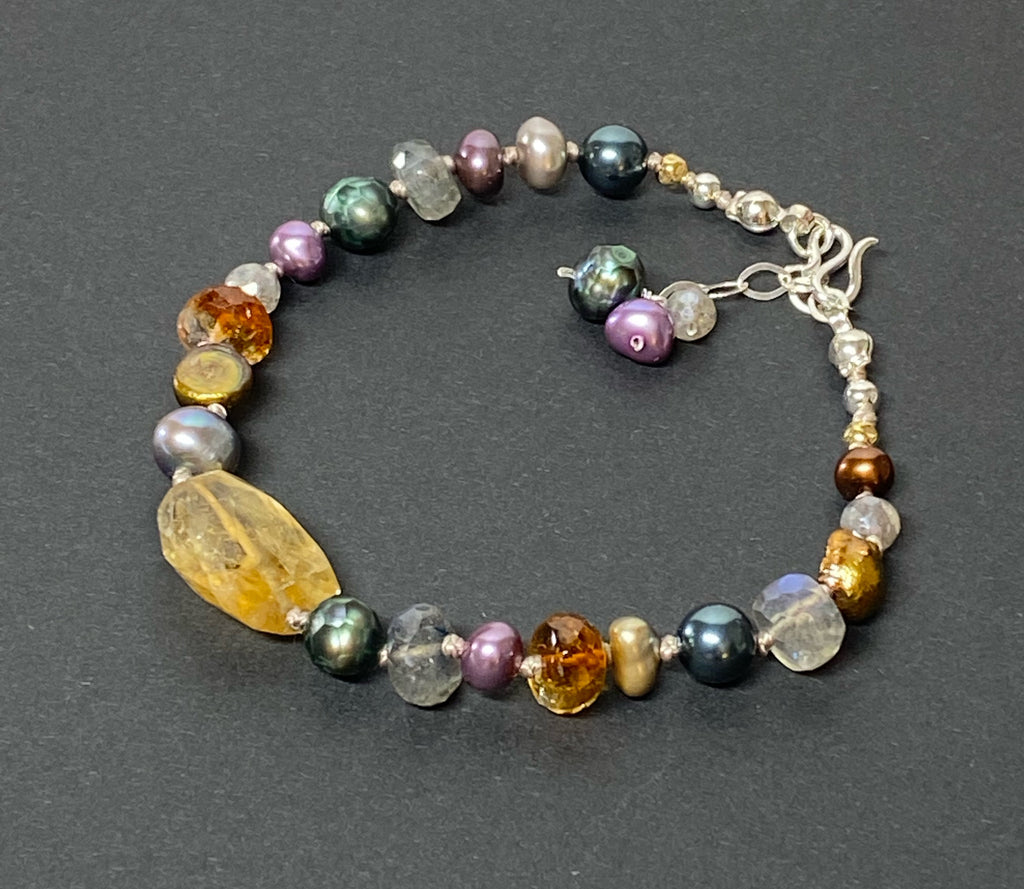 Citrine, Gemstone and Pearl Silk Knotted Bracelet, Adjustable