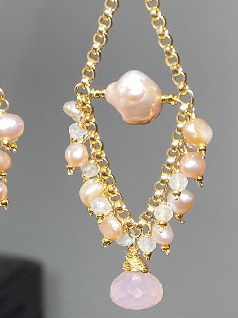 Pink Pearl Chandelier Earrings with Moonstone