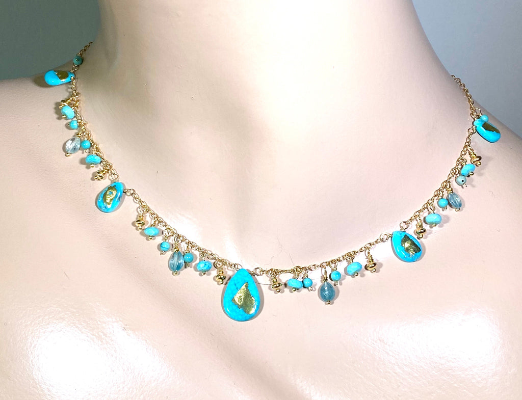 Kingman Turquoise Dangle Necklace Blue Zircon 24 kt Solid Gold Leaf - doolittlejewelry