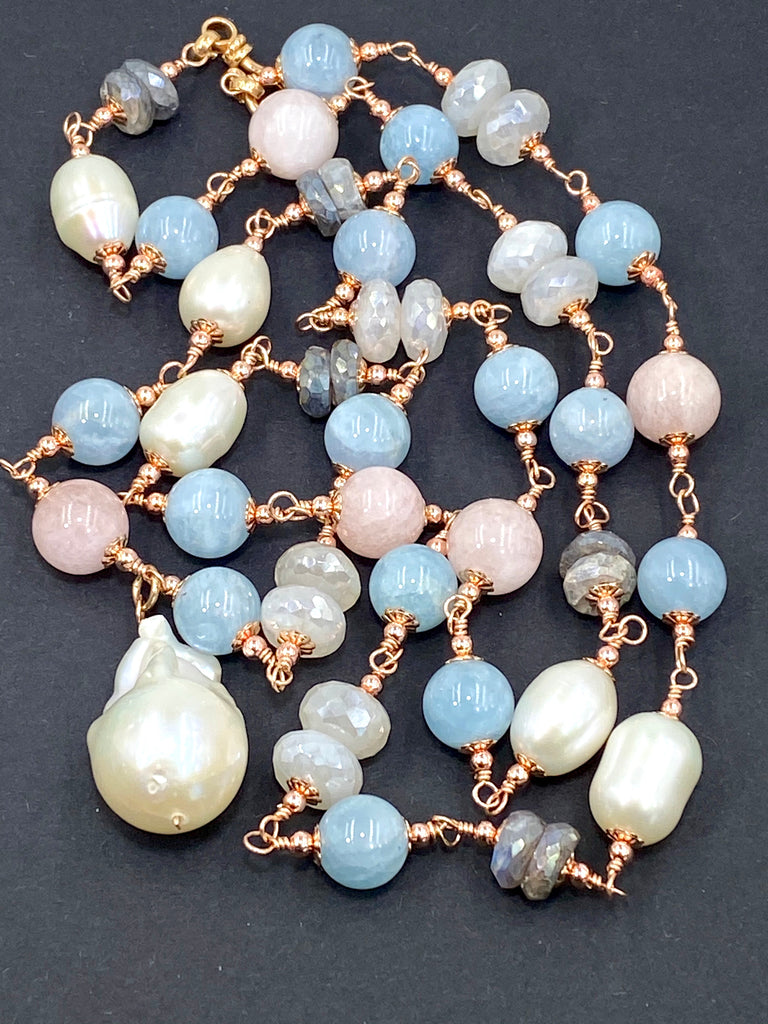 Long Blue Aquamarine Necklace Rose Gold, Pearl Gemstone Sautoir Wire Wrapped - doolittlejewelry
