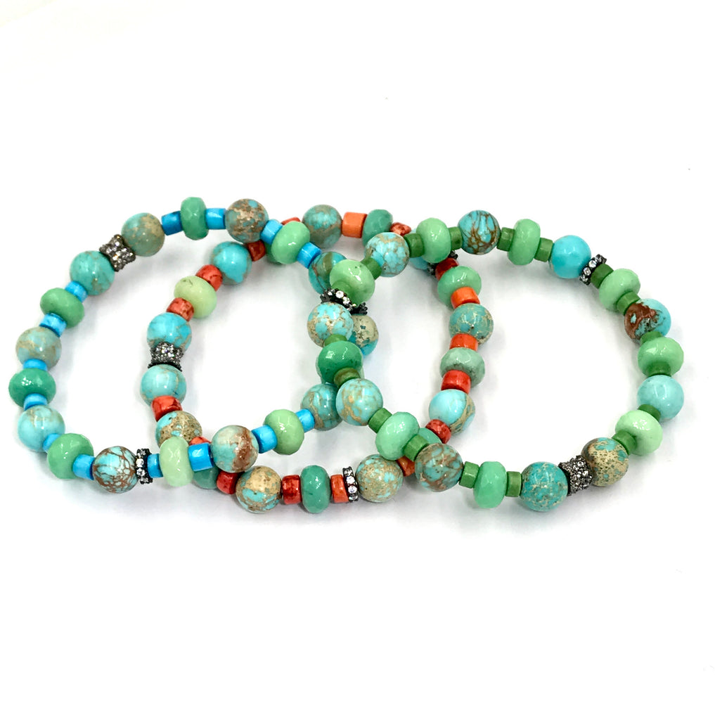 Turquoise Imperial Jasper Bracelet Set of 3 Oxidized Silver Pave CZ - doolittlejewelry