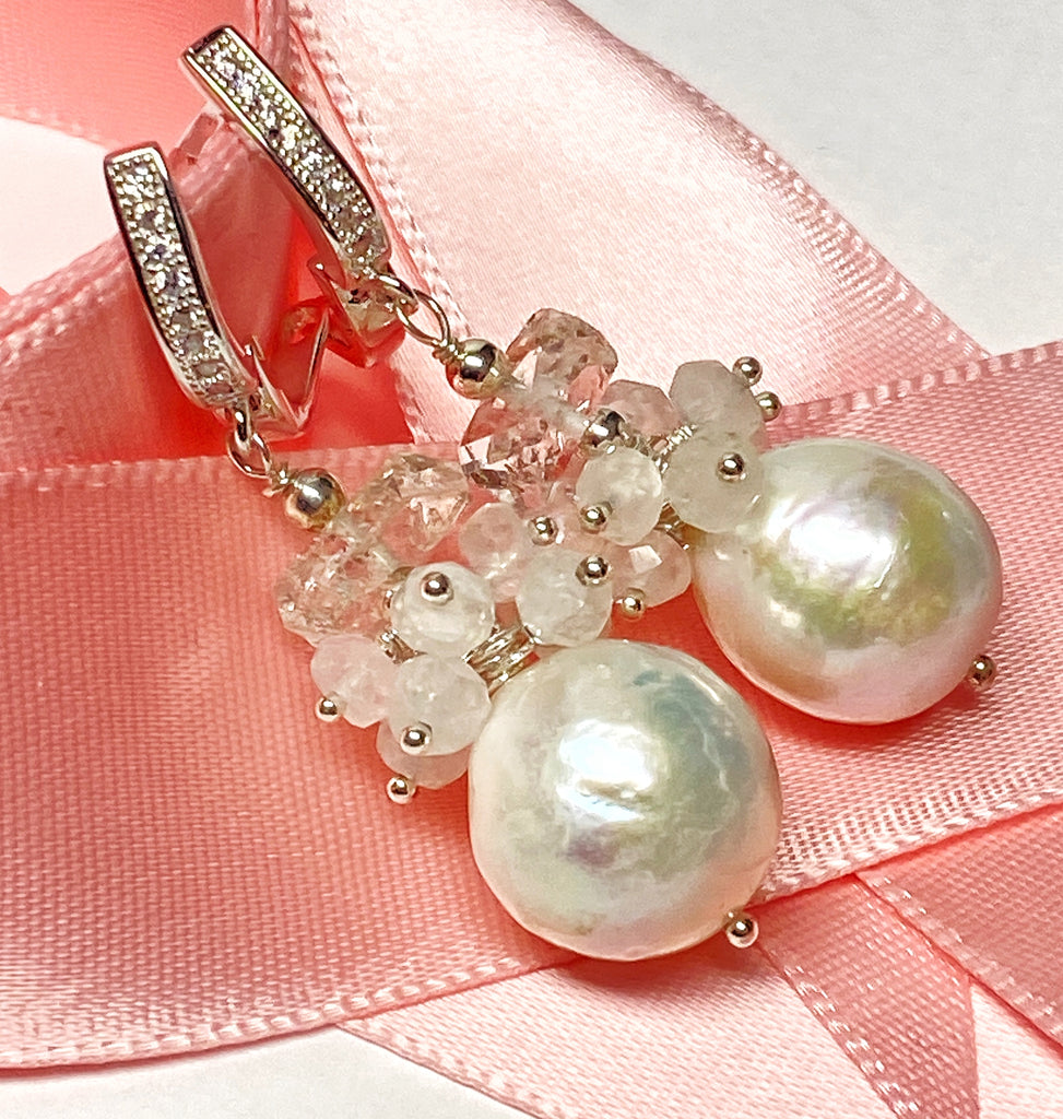 Herkimer Diamond, Edison Pearl, Moonstone Cluster Wedding Earrings