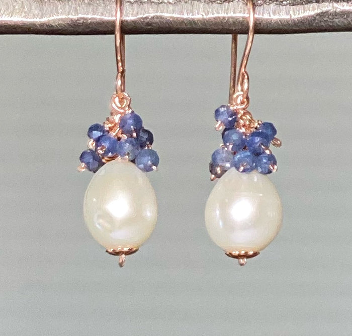 Blue Sapphire and Pearl Cluster Earrings Rose Gold