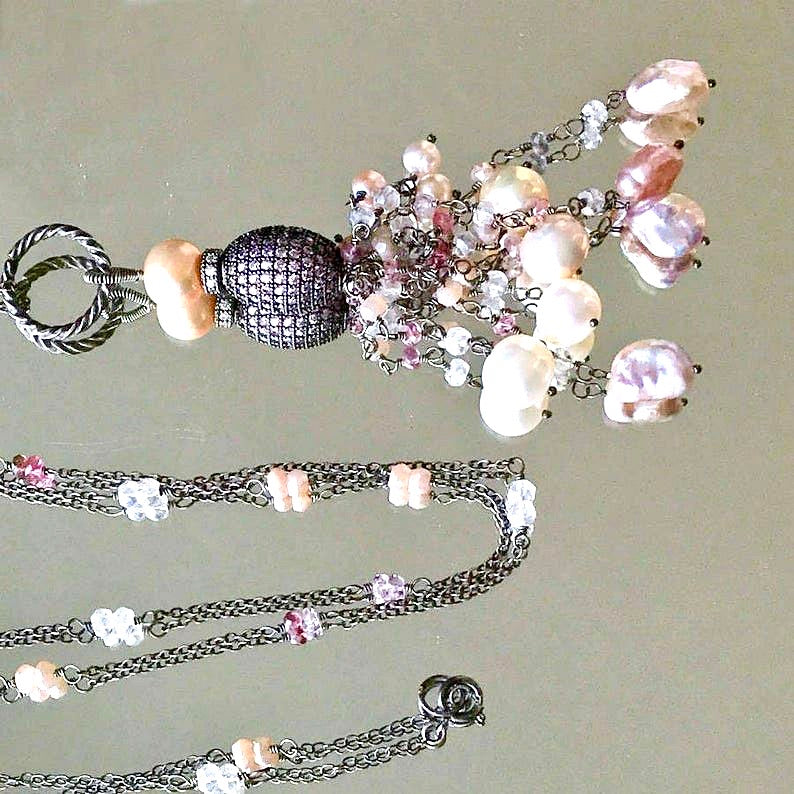 Blush Keishi Pearl Pink Spinel Oxidized Silver Long Tassel Necklace Pave CZ