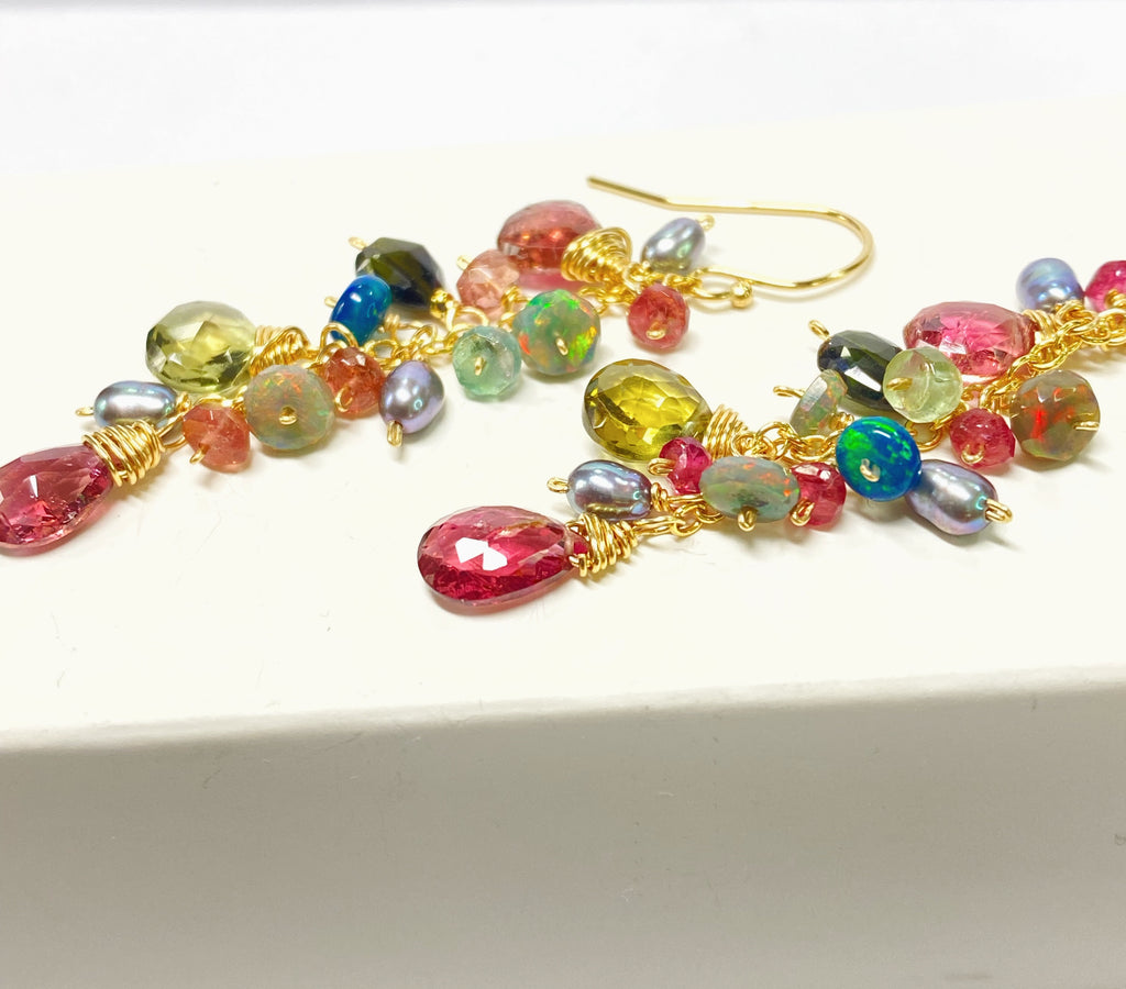 Black Opal and Pink Green Tourmaline Dangle Earrings Gold