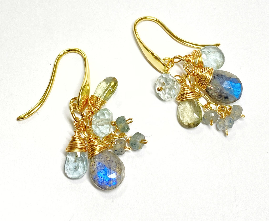 Moss Aquamarine and Labradorite Dangle Earrings Gold