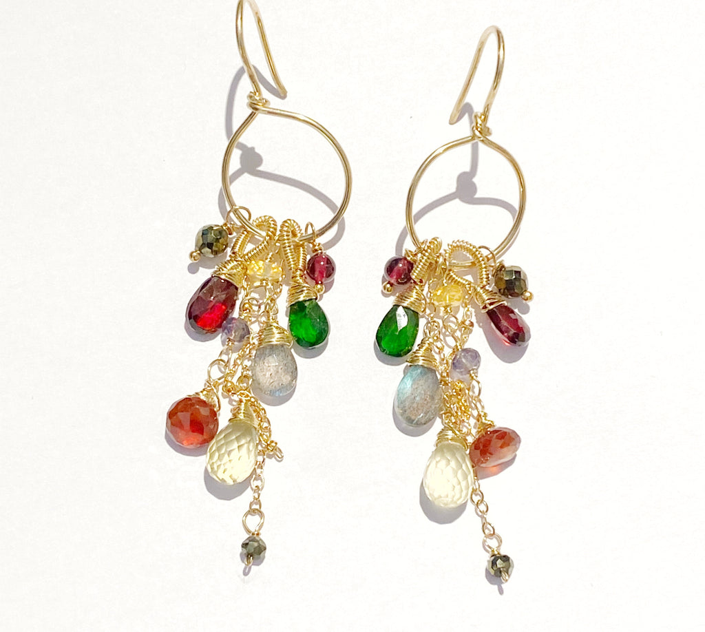 Garnet Colorful Gemstone Gold Hoop Dangle Earrings