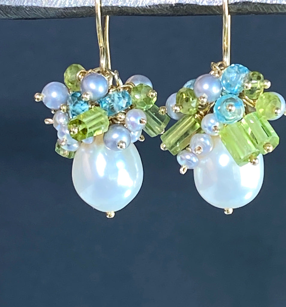Peridot Pearl Cluster Earrings Blue Zircon - doolittlejewelry