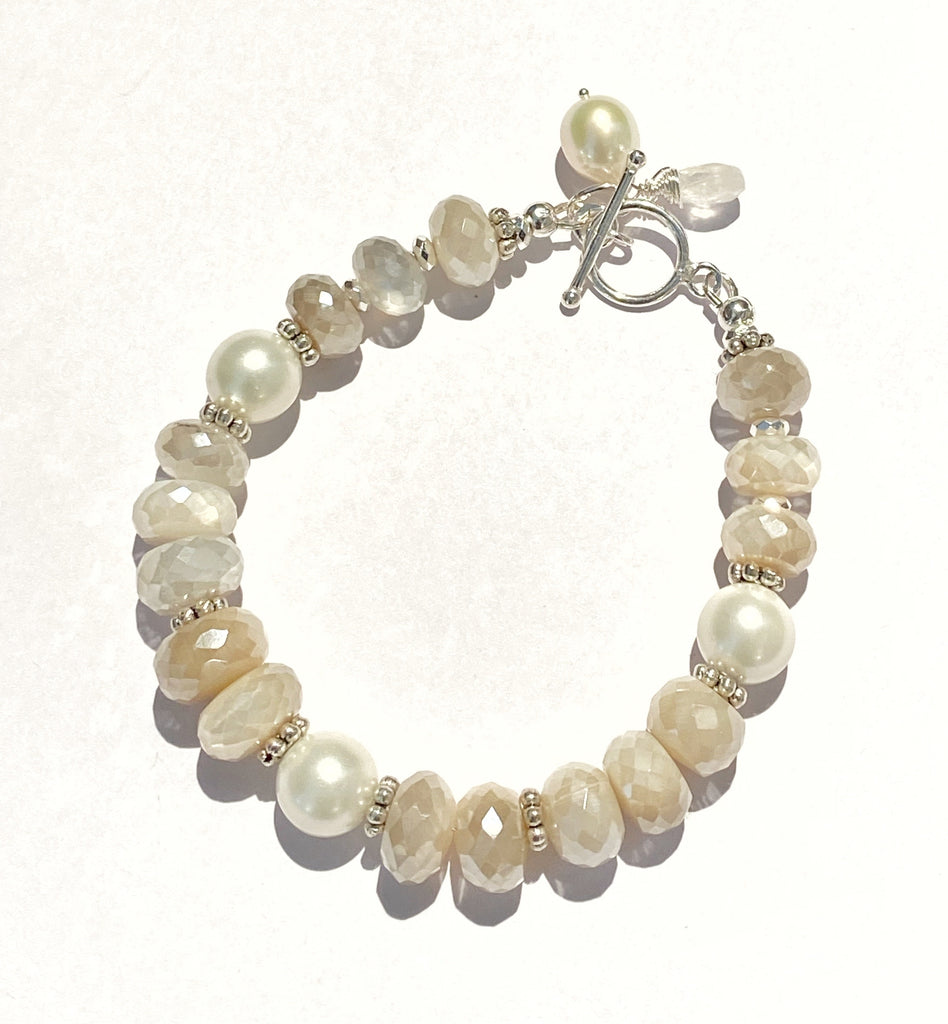 Mystic Moonstone, Pearl and Sterling Silver Layering Bracelet