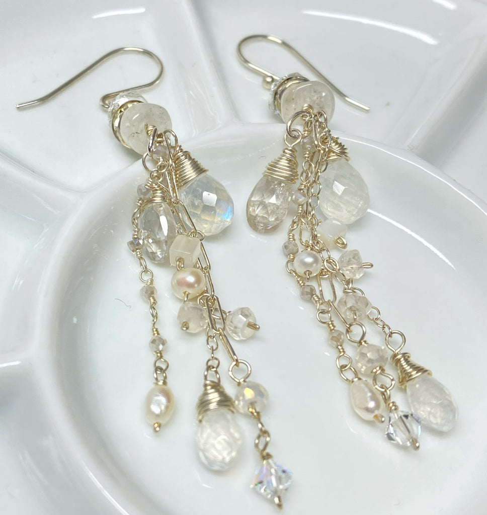 Rainbow Moonstone Long Boho Bridal Earrings with Gem Zircon and Sterling Silver