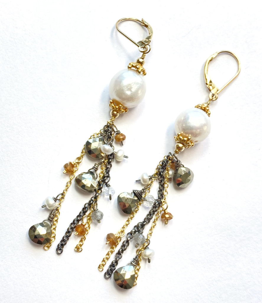 Edison Pearl Mixed Metal Long Dangle Earrings