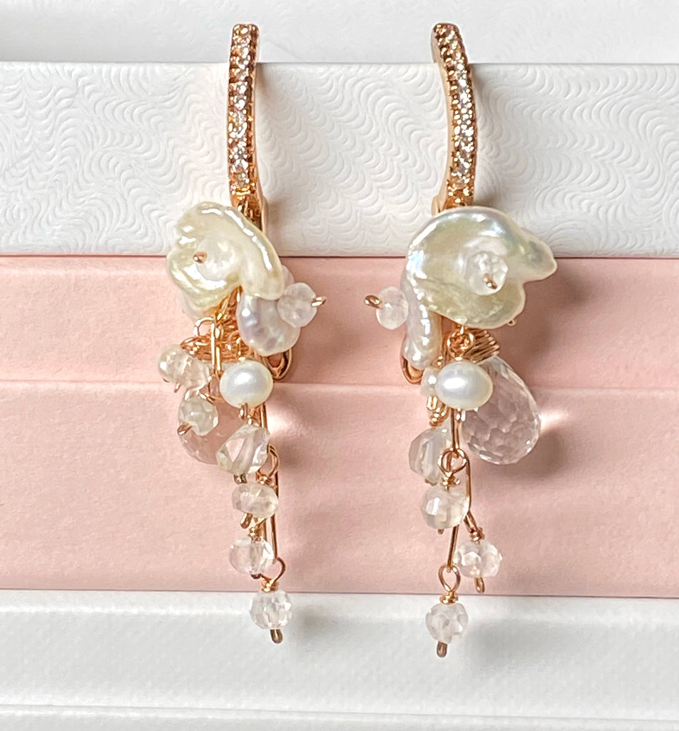 Rose Gold Crystal Quartz Bridal Dangle Earrings with Keishi Pearls