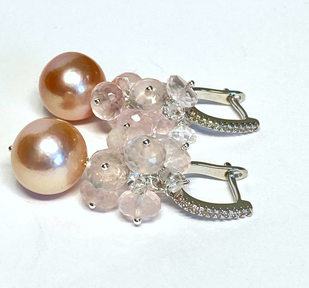 Round Pink Pearl Earrings with Rose Quartz Clusters