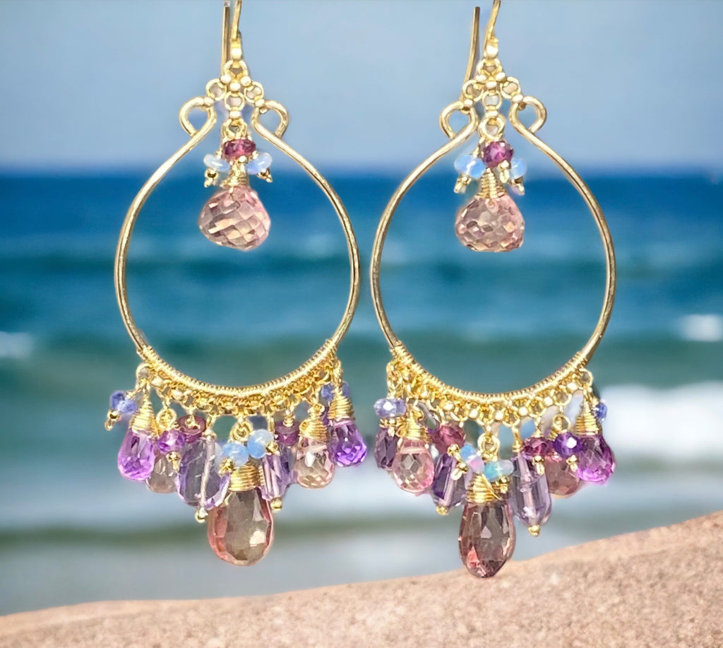 handcrafted gold fill chandelier earrings with gemstones
