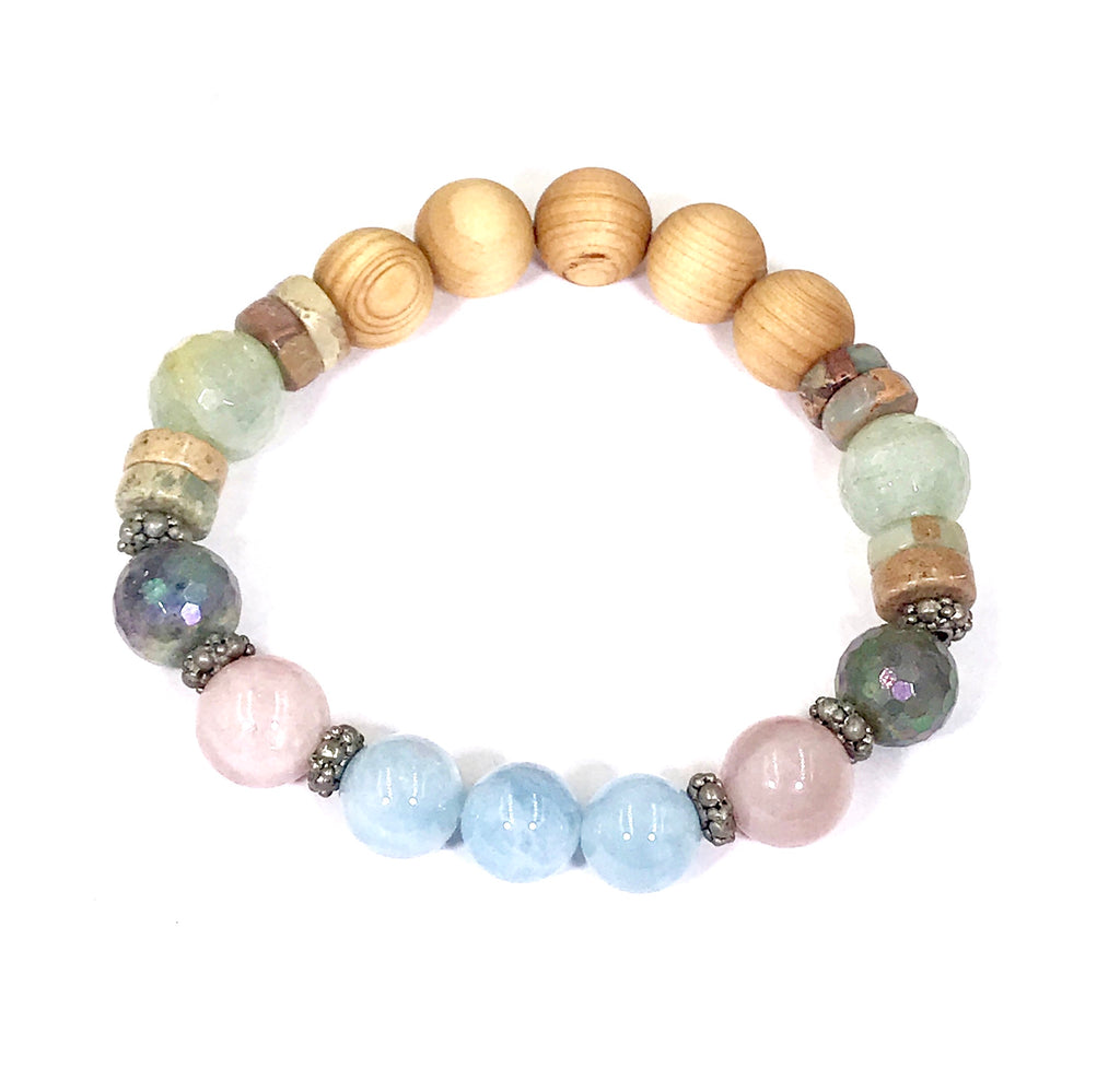 Colorful Pastel Stretch Stacking Bracelet Set of 3 Rose Quartz Moonstone Sandalwood - doolittlejewelry