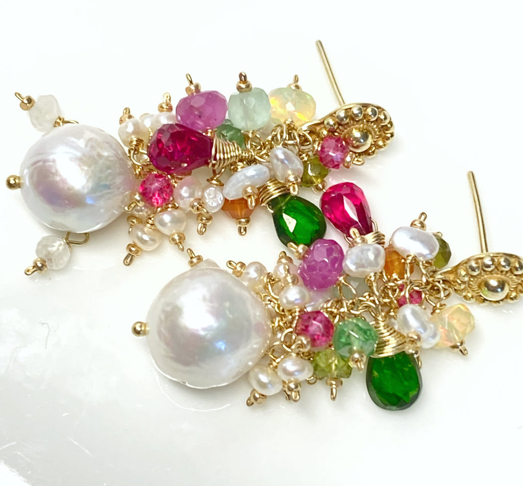 Colorful Gemstone Pearl Cluster Earrings Gold Post