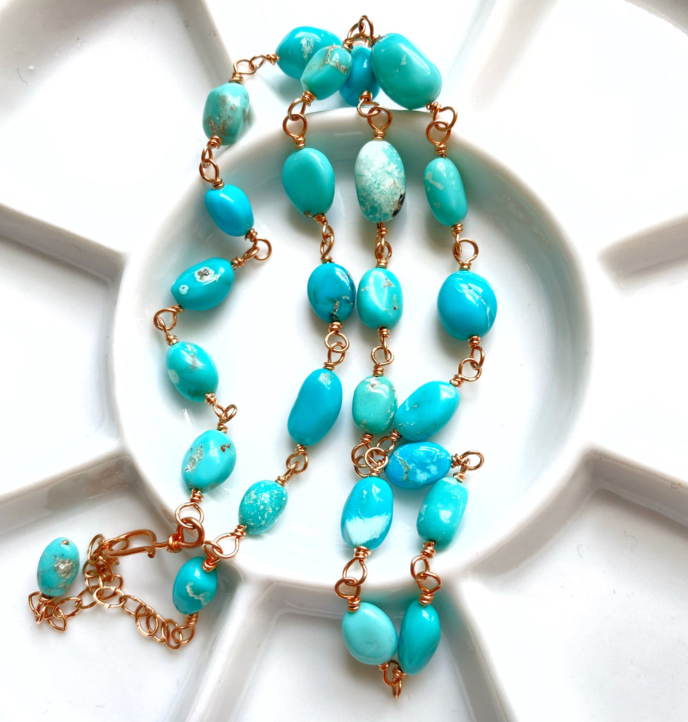 Sleeping Beauty Turquoise Necklace Rose Gold Rosary Style Wire Wrapped
