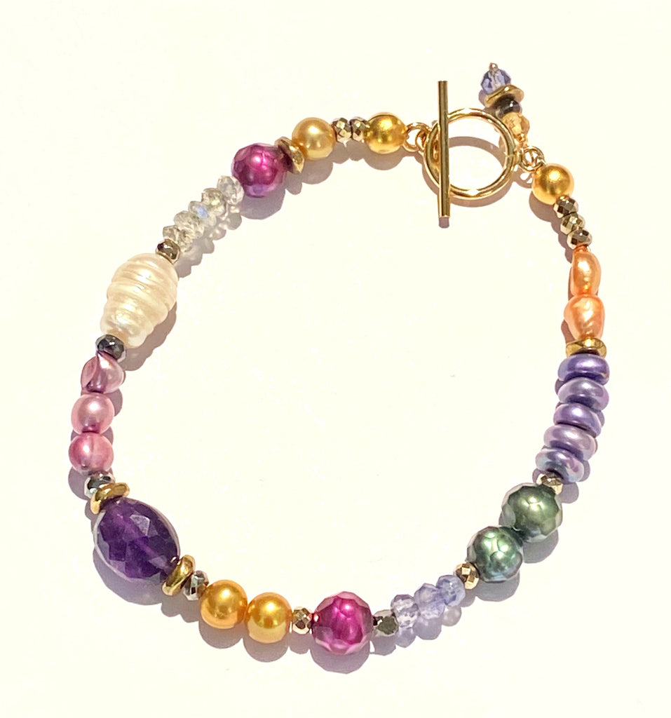 Multi-color Pearl and Gemstone Clasp Bracelet Amethyst Labradorite Citrine