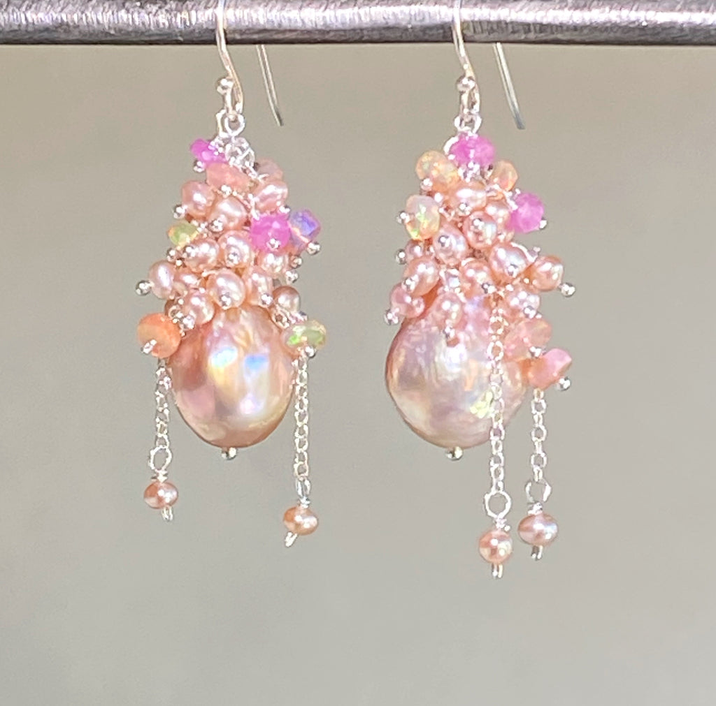 Pink Blush Baroque Pearls Opal, Sapphire Pearl Cluster Earrings