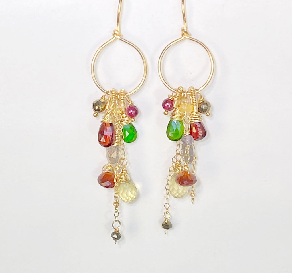 Garnet Colorful Gemstone Gold Hoop Dangle Earrings