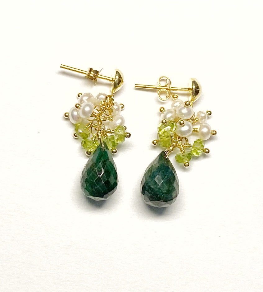 Emerald and Peridot Pearl Cluster Earrings Gold