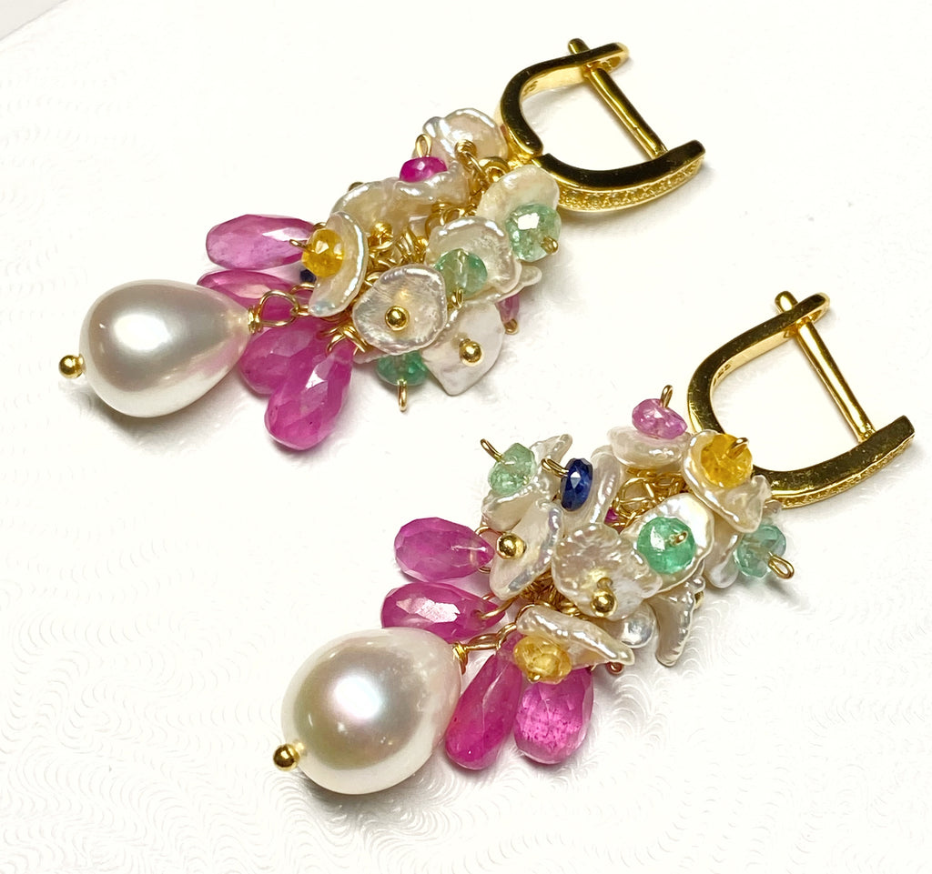 Pink Sapphire and Keishi Pearl Gemstone Earrings - Doolittle
